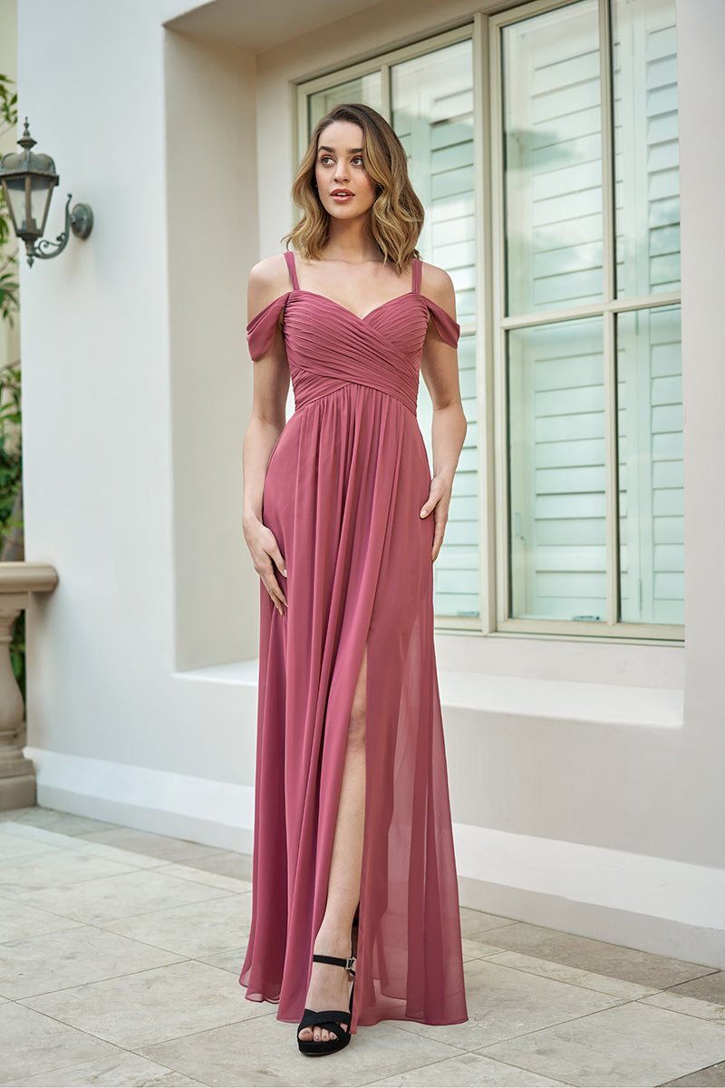 B4120 - Off-Shoulder Ruched Chiffon A-Line Long Bridesmaid Dress With Slit