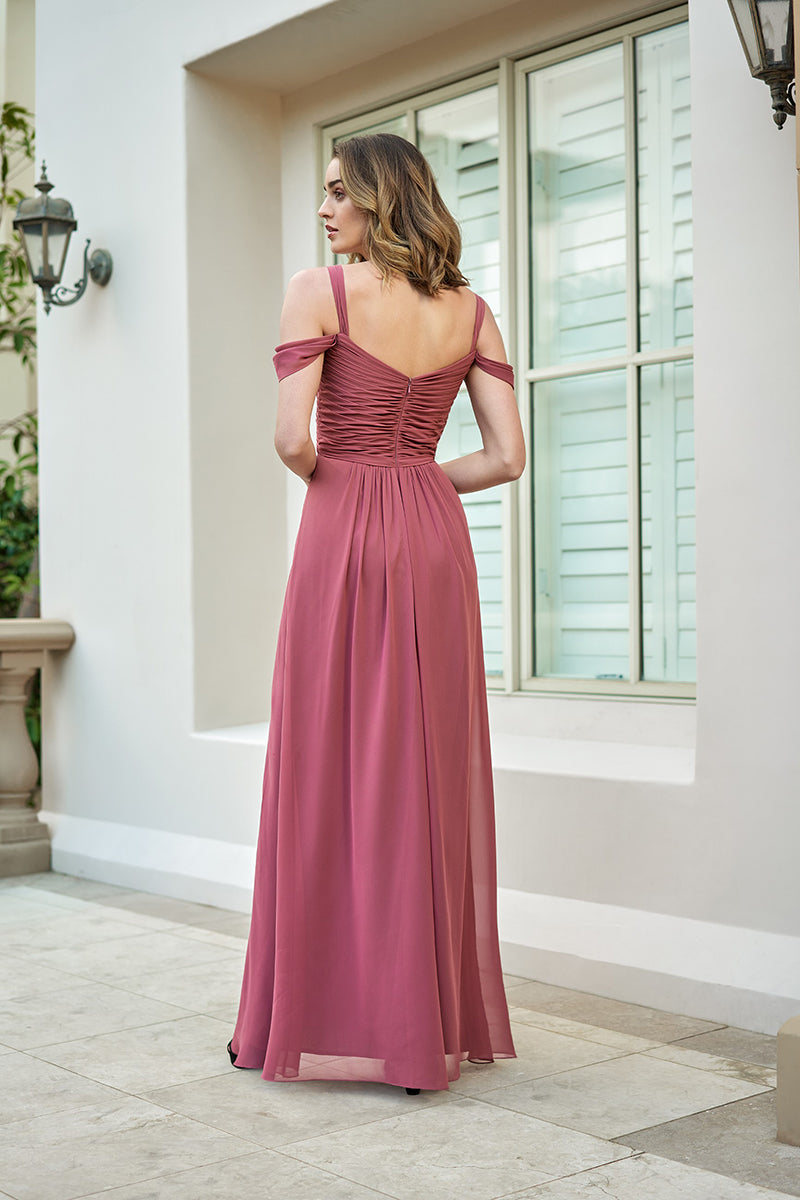 B4120 - Off-Shoulder Ruched Chiffon A-Line Long Bridesmaid Dress With Slit