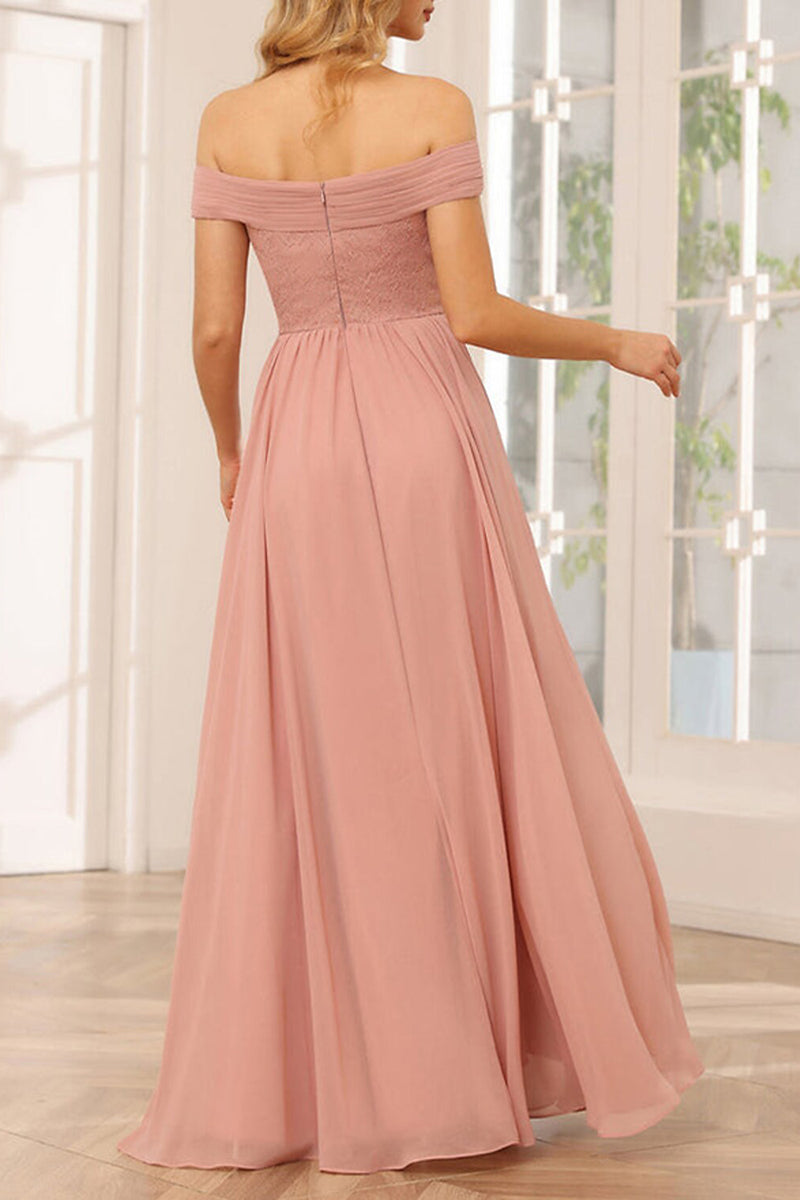 B4123 - Off-Shoulder Ruched Lace Chiffon A-Line Long Bridesmaid Dress