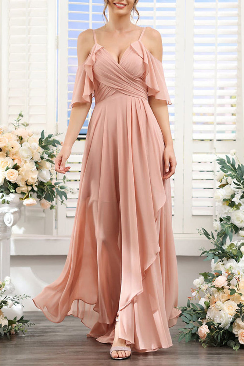 B4126 - V-Neck Off-Shoulder Ruched Chiffon A-Line Long Bridesmaid Dress