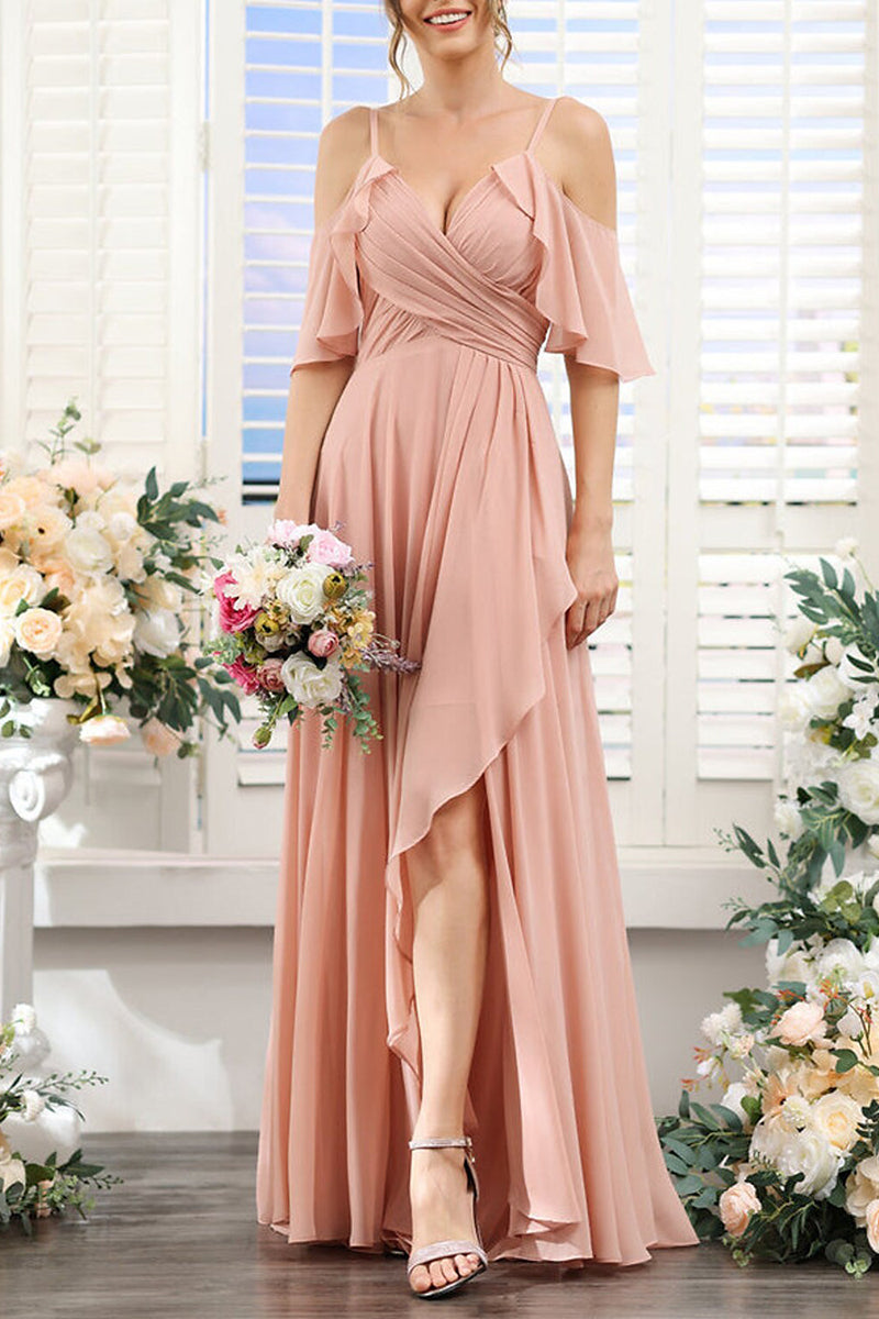 B4126 - V-Neck Off-Shoulder Ruched Chiffon A-Line Long Bridesmaid Dress