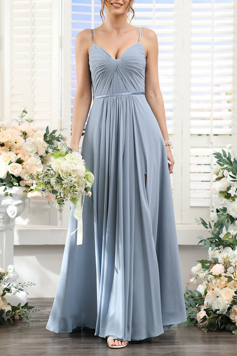 B4127 - V-Neck Spaghetti Straps Ruched A-Line Long Bridesmaid Dress