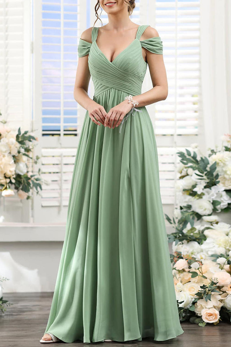 B4129 - V-Neck Off-Shoulder Ruched Chiffon A-Line Long Bridesmaid Dress