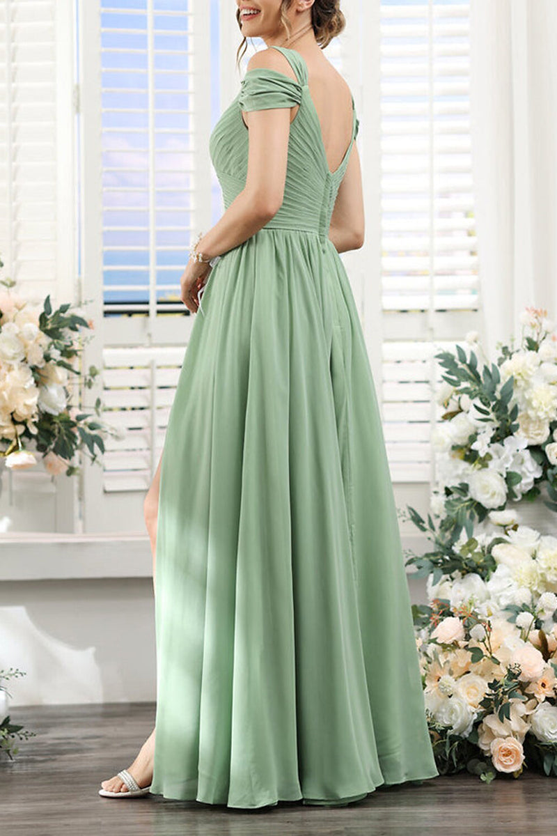 B4129 - V-Neck Off-Shoulder Ruched Chiffon A-Line Long Bridesmaid Dress