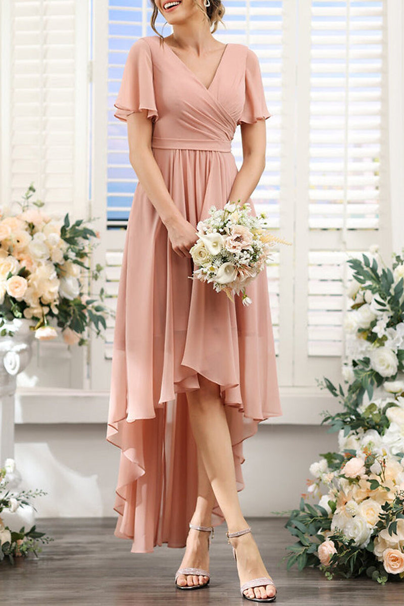 B4130 - V-Neck Short Sleeves Ruched Chiffon A-Line High Low Bridesmaid Dress