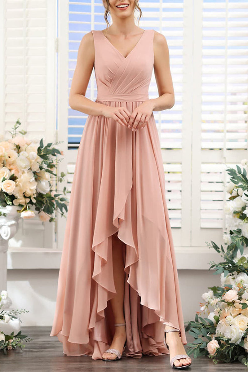 B4131 - V-Neck Sleeveless Ruched Chiffon A-Line High Low Bridesmaid Dress