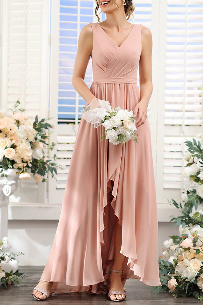 B4131 - V-Neck Sleeveless Ruched Chiffon A-Line High Low Bridesmaid Dress