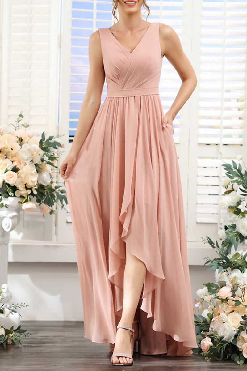 B4131 - V-Neck Sleeveless Ruched Chiffon A-Line High Low Bridesmaid Dress