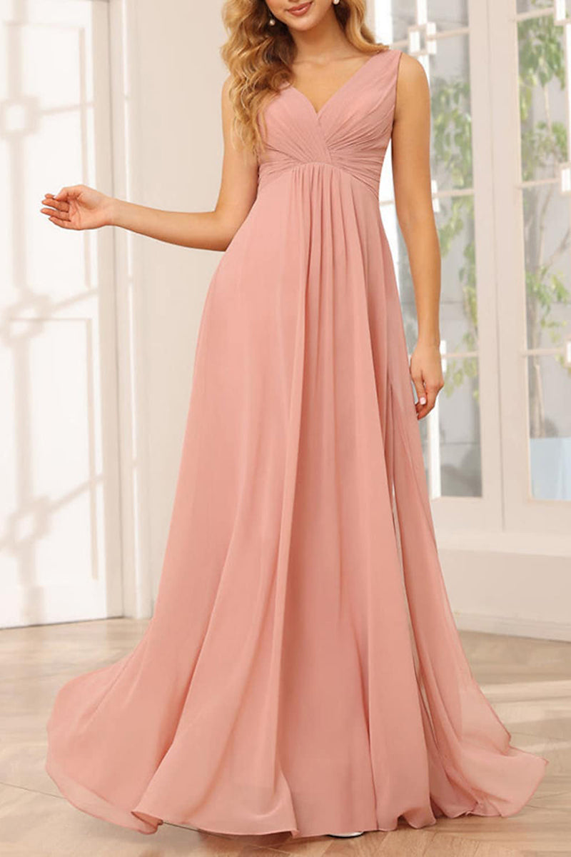 B4132 - V-Neck Sleeveless Ruched Chiffon A-Line Long Bridesmaid Dress