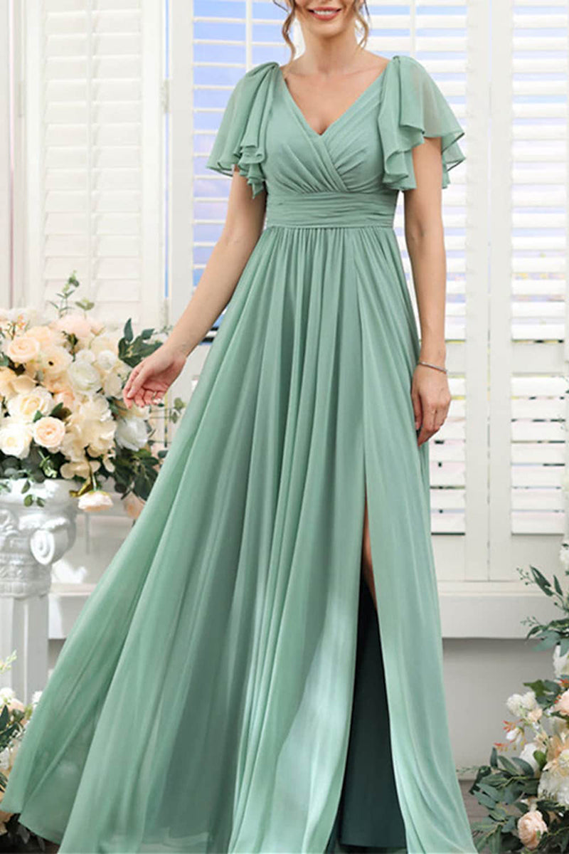 B4136 - V-Neck Short Sleeves Ruched Chiffon A-Line Long Bridesmaid Dress