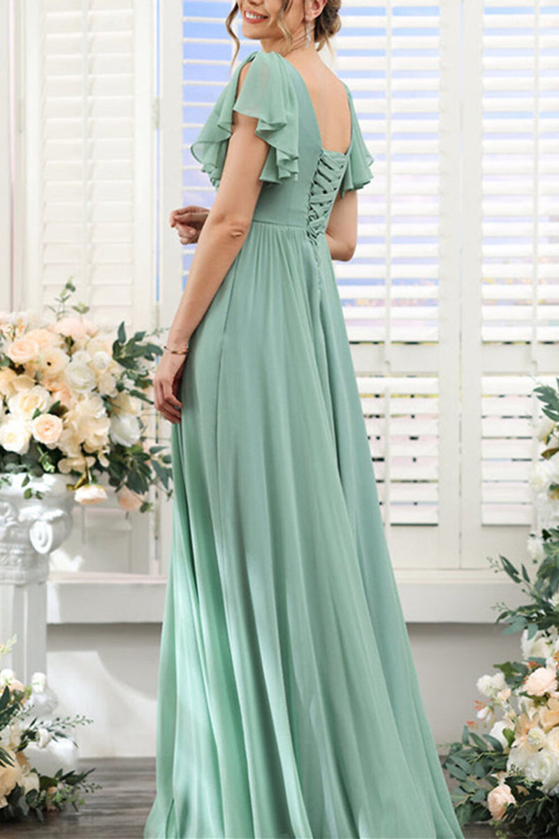 B4136 - V-Neck Short Sleeves Ruched Chiffon A-Line Long Bridesmaid Dress