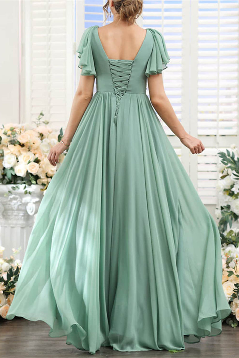 B4136 - V-Neck Short Sleeves Ruched Chiffon A-Line Long Bridesmaid Dress