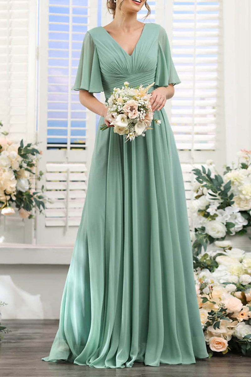 B4137 - V-Neck Short Sleeves Ruched Chiffon A-Line Long Bridesmaid Dress