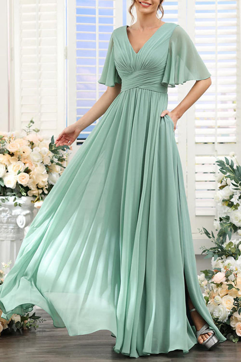 B4137 - V-Neck Short Sleeves Ruched Chiffon A-Line Long Bridesmaid Dress