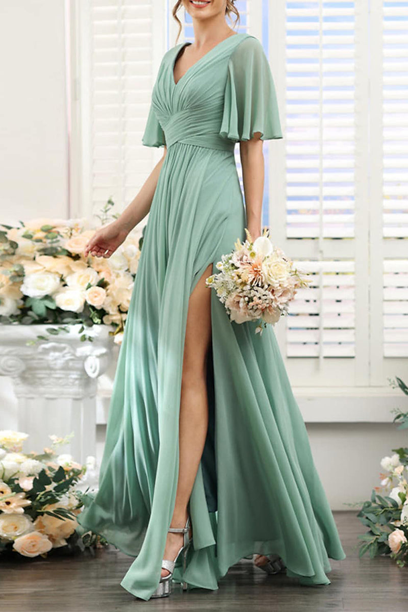 B4137 - V-Neck Short Sleeves Ruched Chiffon A-Line Long Bridesmaid Dress