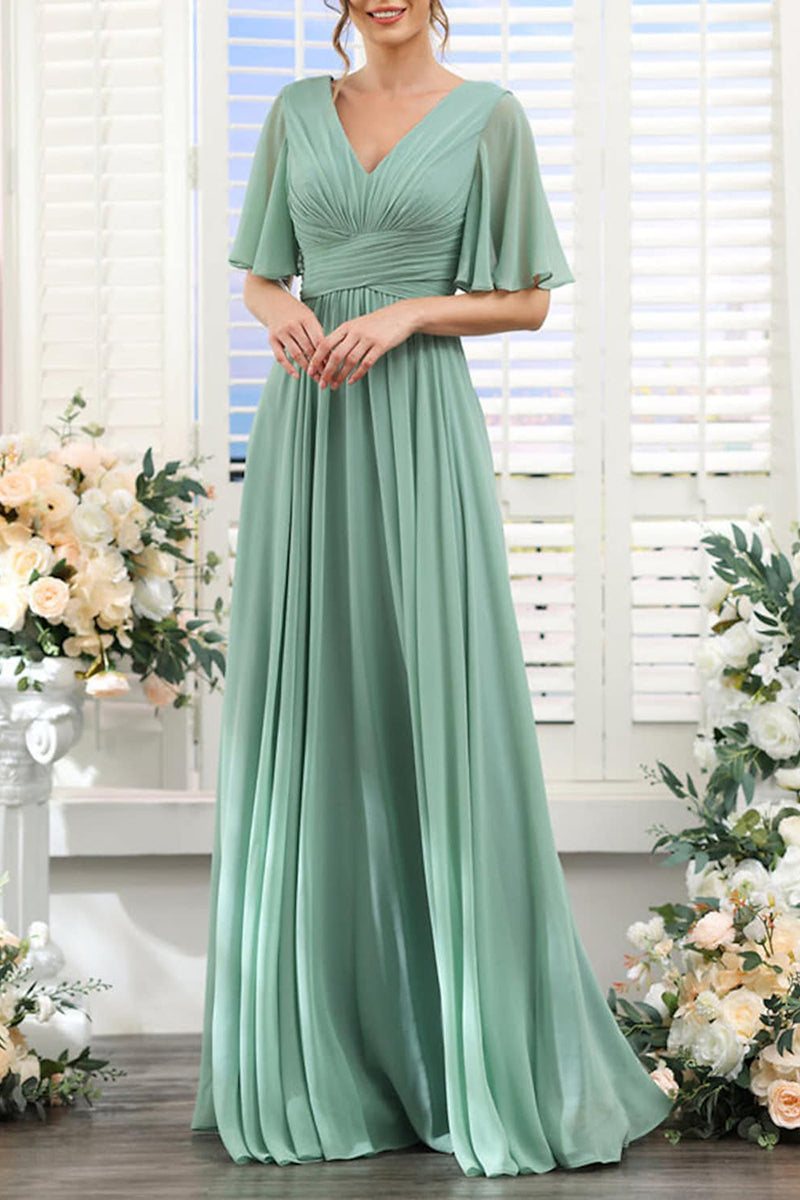 B4137 - V-Neck Short Sleeves Ruched Chiffon A-Line Long Bridesmaid Dress