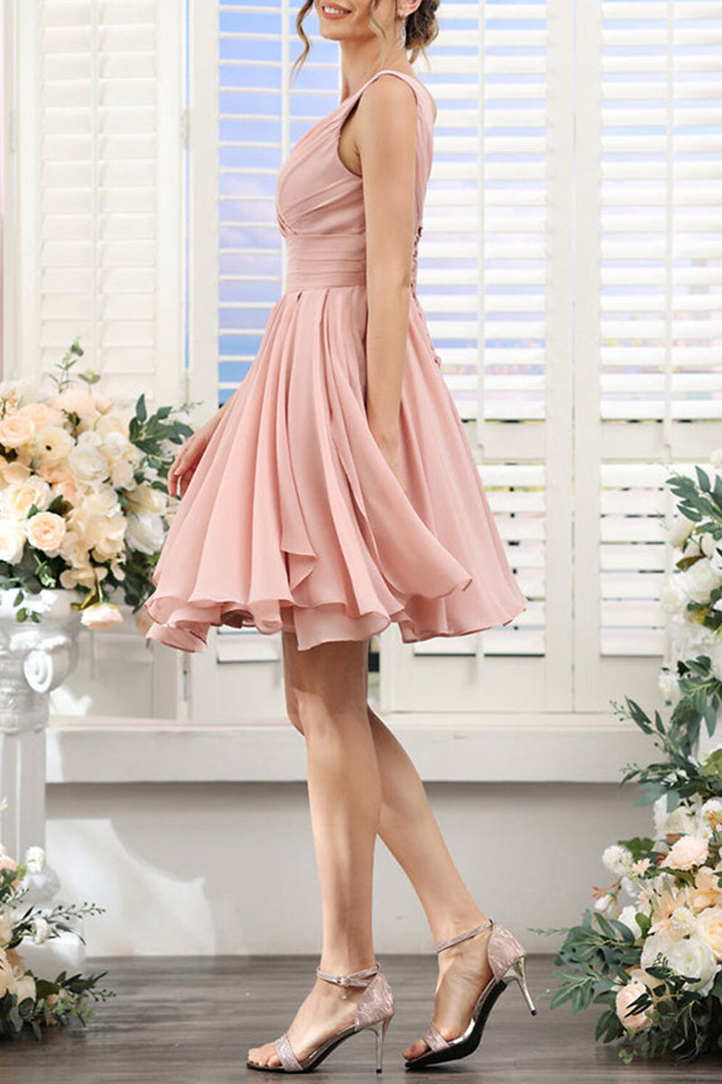 B4138 - V-Neck Sleeveless Ruched Chiffon A-Line Short Bridesmaid Dress