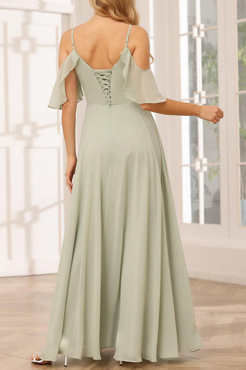 B4140 - V-Neck Off-Shoulder Ruched Chiffon A-Line Long Bridesmaid Dress