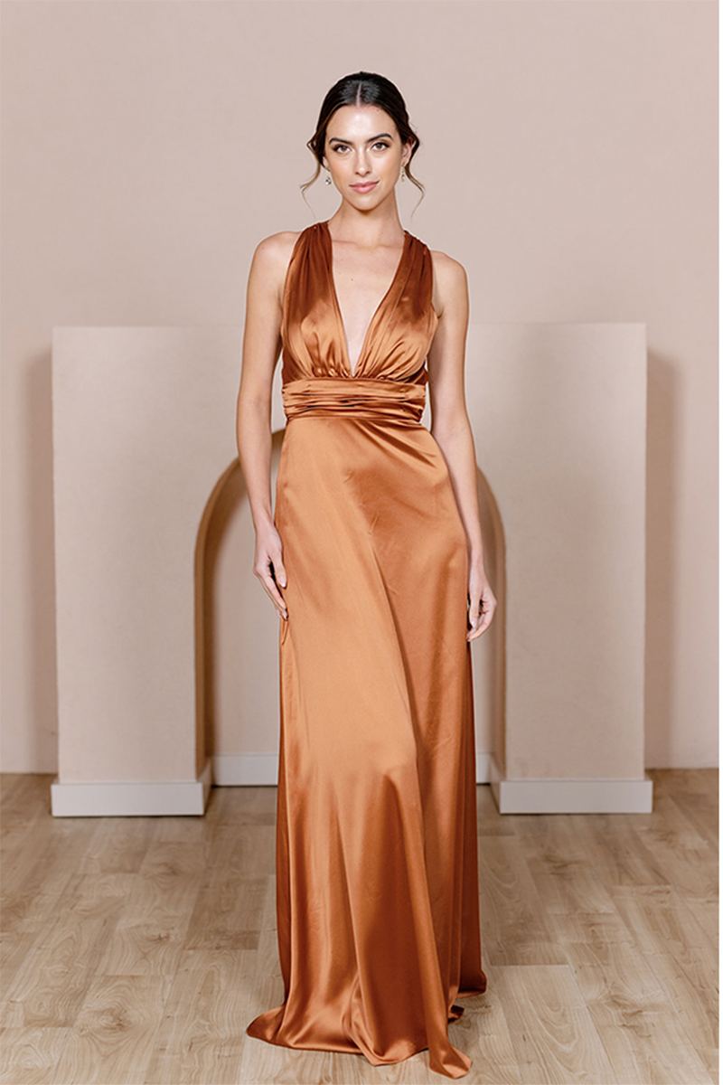 B4145 - Low V-Neck Ruched Satin A-Line Long Bridesmaid Dress