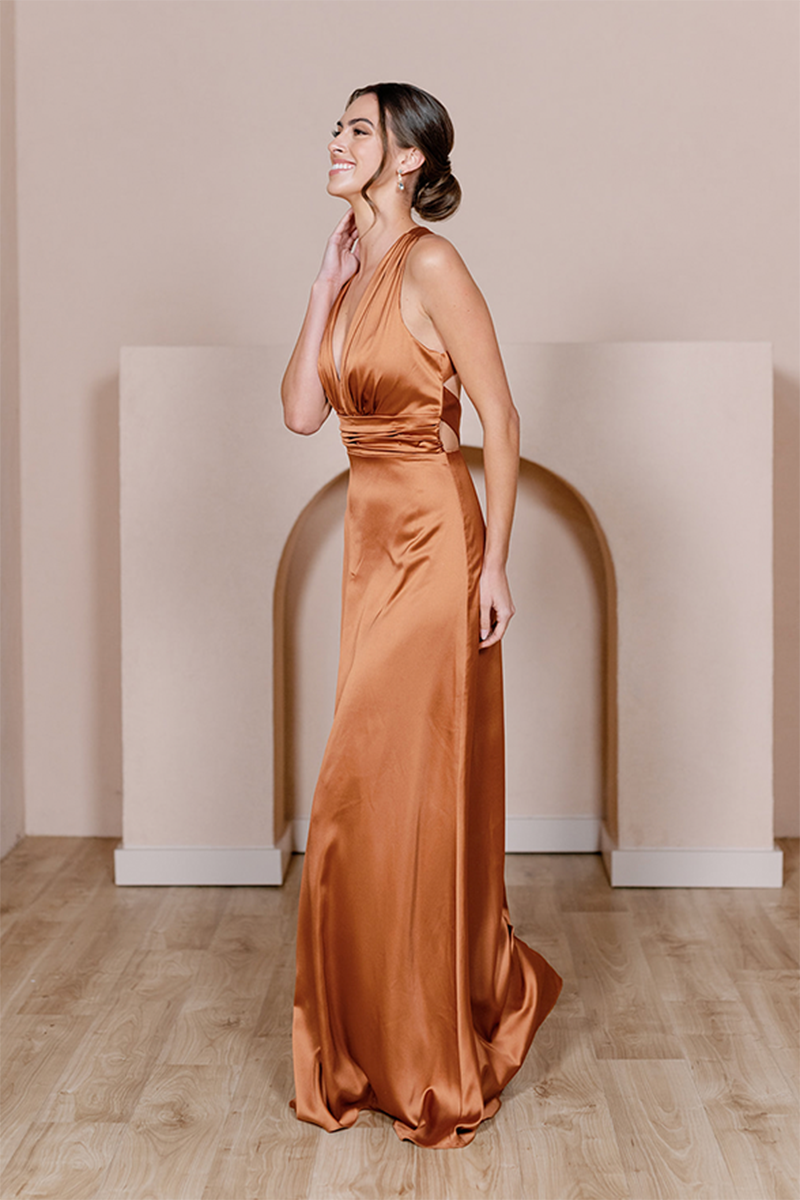 B4145 - Low V-Neck Ruched Satin A-Line Long Bridesmaid Dress