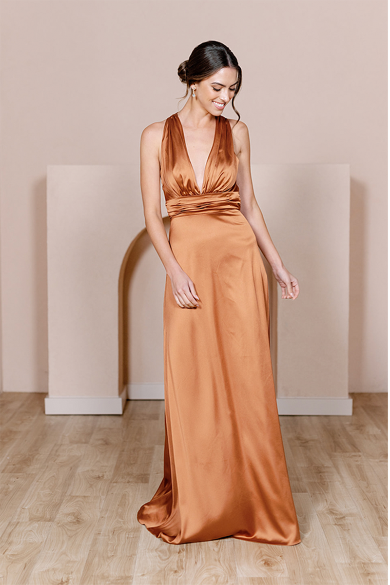 B4145 - Low V-Neck Ruched Satin A-Line Long Bridesmaid Dress