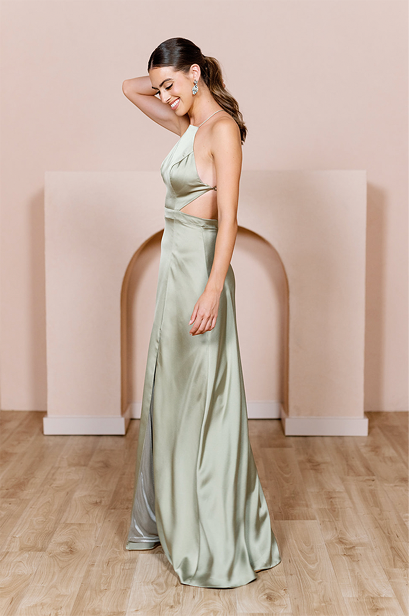 B4147 - Spaghetti Straps Cut Outs Satin A-Line Long Bridesmaid Dress With Slit