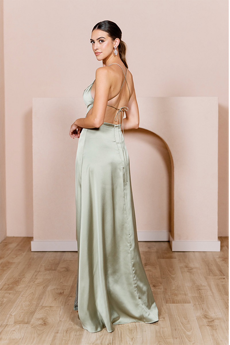 B4147 - Spaghetti Straps Cut Outs Satin A-Line Long Bridesmaid Dress With Slit