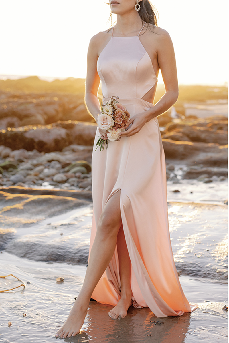 B4147 - Spaghetti Straps Cut Outs Satin A-Line Long Bridesmaid Dress With Slit