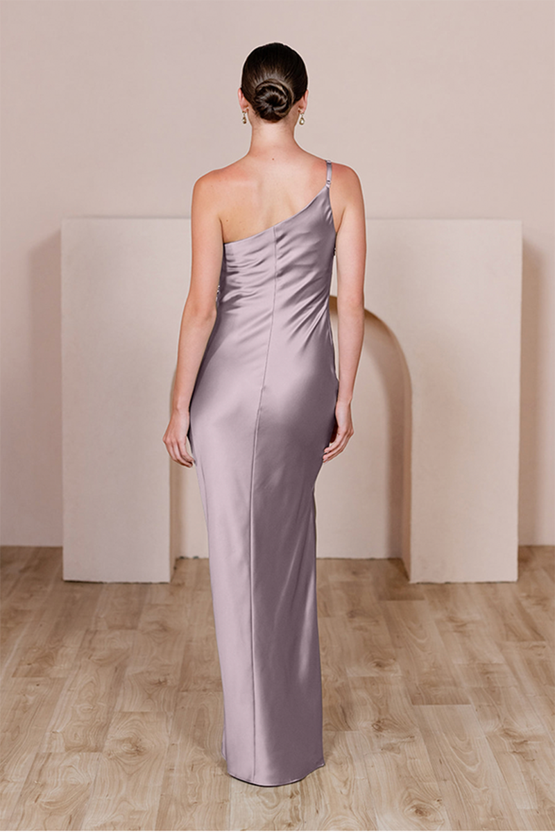 B4148 - One Shoulder Simple Ruched Satin Sheath Long Bridesmaid Dress With Slit