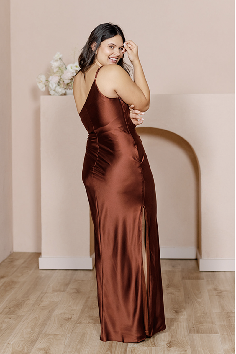 B4148 - One Shoulder Simple Ruched Satin Sheath Long Bridesmaid Dress With Slit