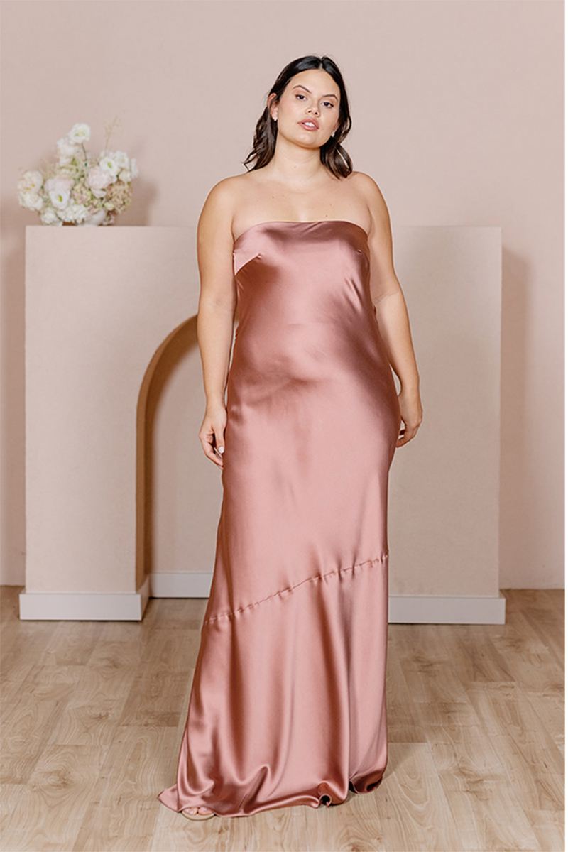 B4150 - Simple Strapless Cut Outs Satin Sheath Long Bridesmaid Dress