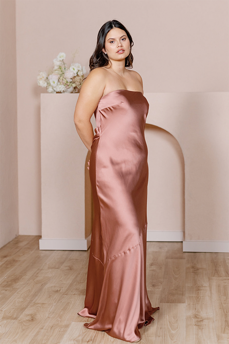 B4150 - Simple Strapless Cut Outs Satin Sheath Long Bridesmaid Dress