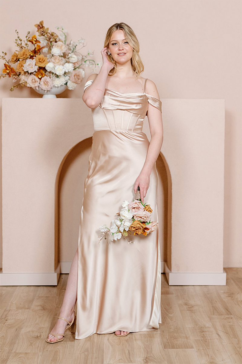 B4151 - Off-Shoulder Ruched Satin Sheath Long Bridesmaid Dress With Slit