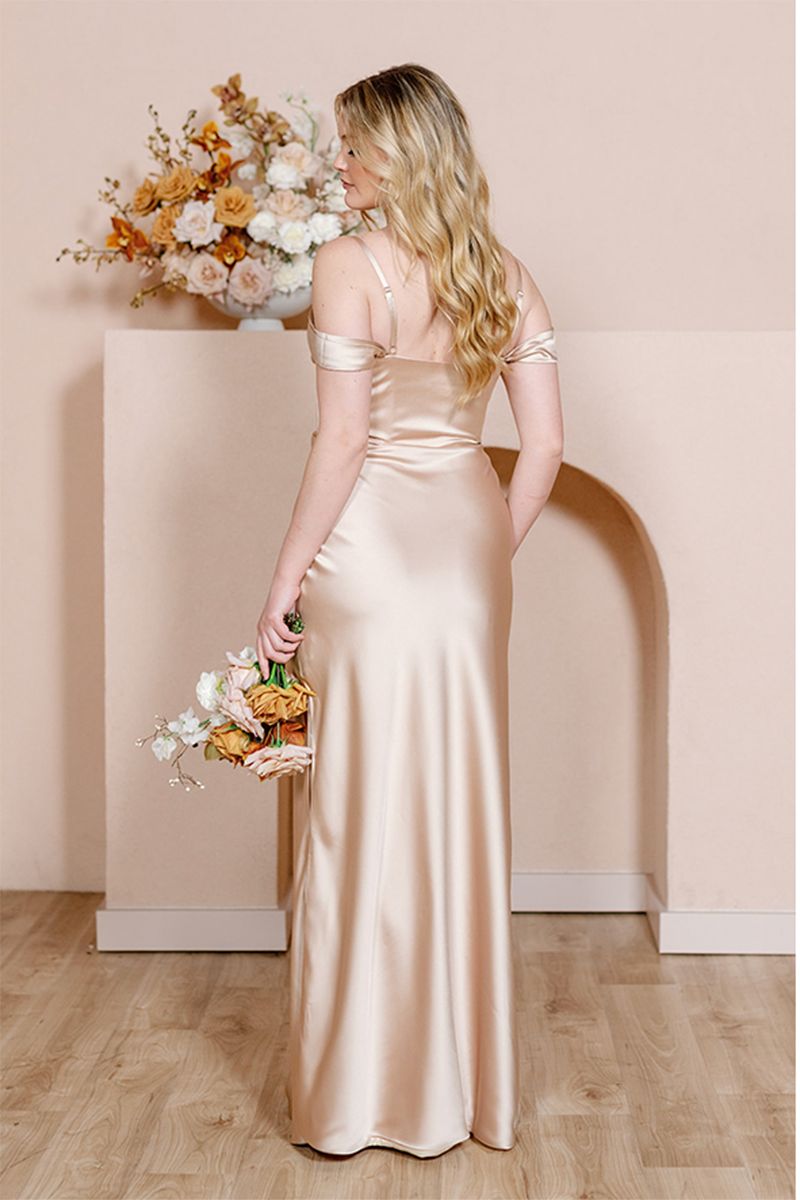 B4151 - Off-Shoulder Ruched Satin Sheath Long Bridesmaid Dress With Slit