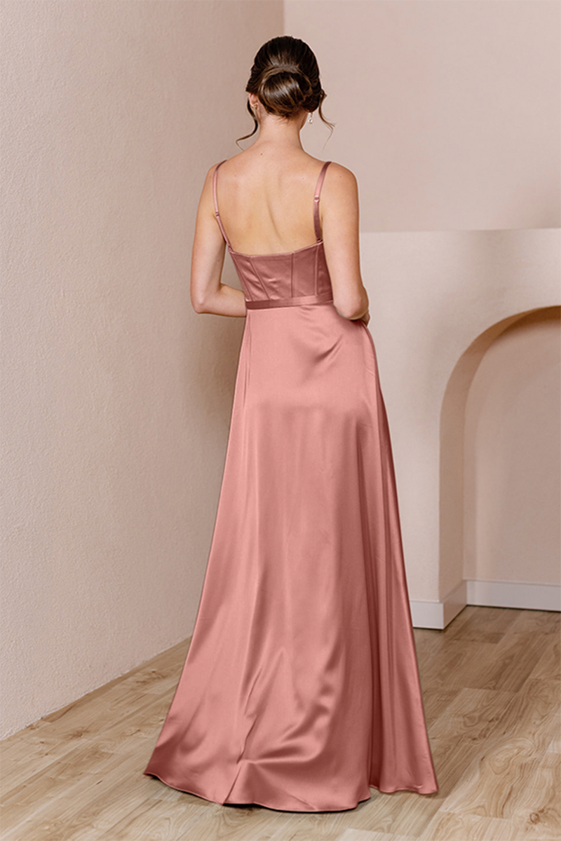 B4152 - Square Neck Spaghetti Straps Satin A-Line Long Bridesmaid Dress