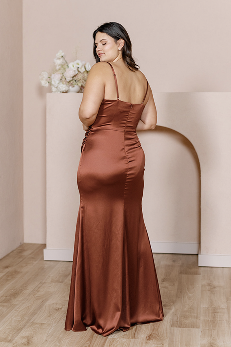 B4154 - V-Neck Spaghetti Straps Ruched Sheath Long Bridesmaid Dress