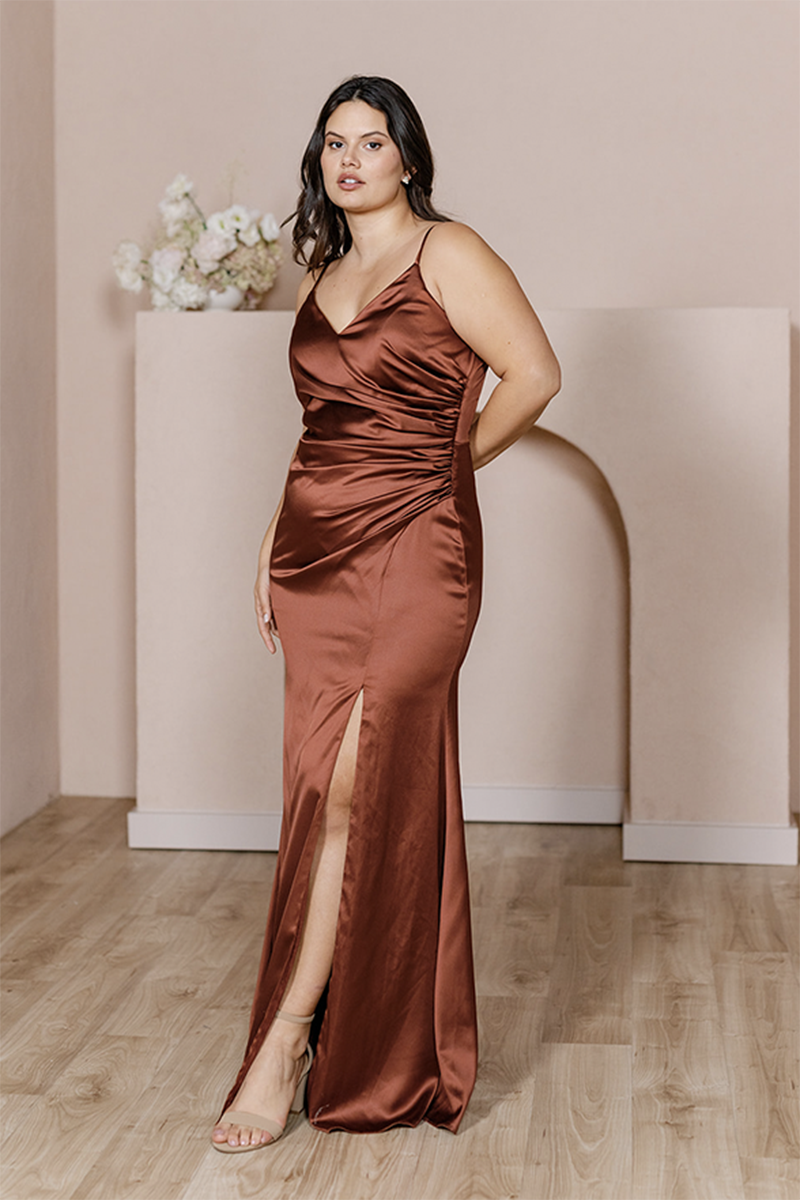 B4154 - V-Neck Spaghetti Straps Ruched Sheath Long Bridesmaid Dress