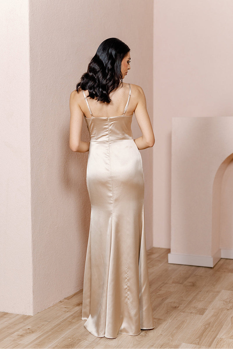 B4154 - V-Neck Spaghetti Straps Ruched Sheath Long Bridesmaid Dress