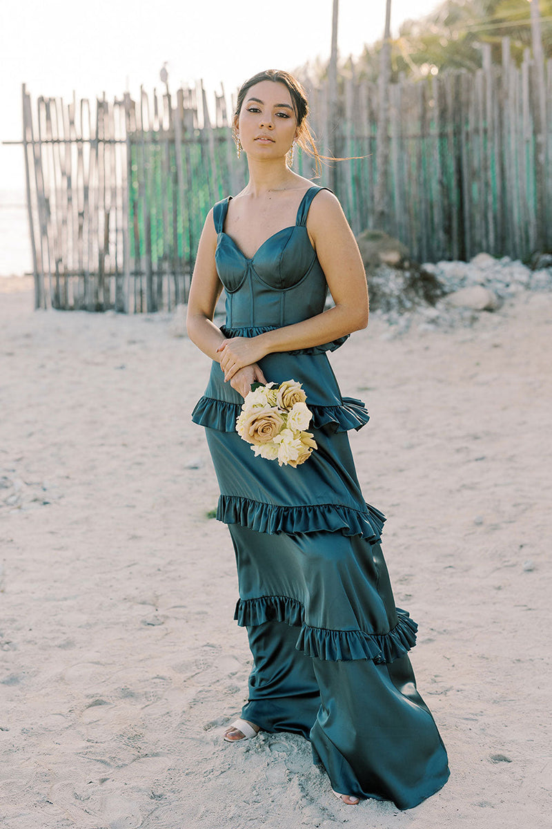 B4156 - V-Neck Ruffles Satin A-Line Long Bridesmaid Dress