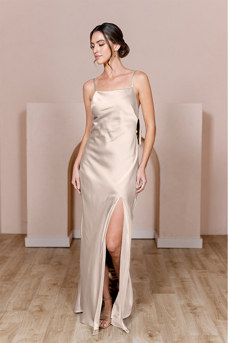 B4157 - Sqare Neck Spaghetti Straps Satin Sheath Bridesmaid Dress With Bow