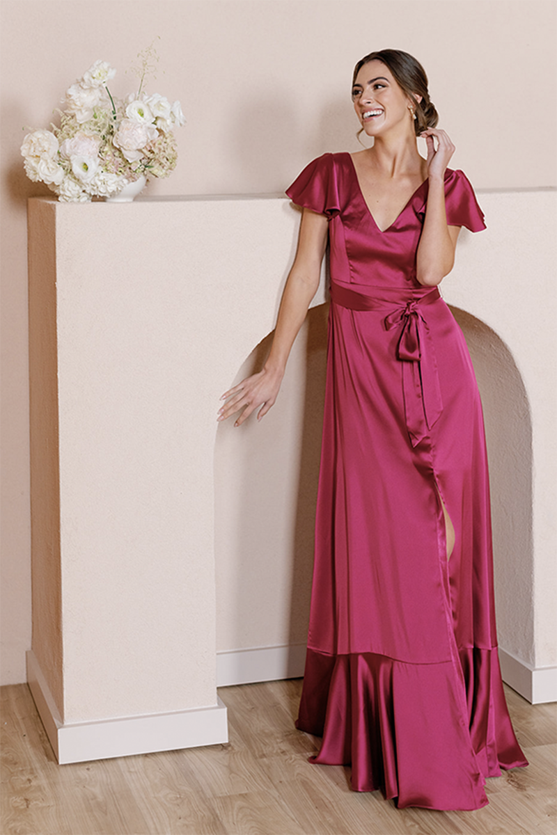 B4158 - V-Neck Cap Sleeves Satin A-Line Long Bridesmaid Dress With Slit