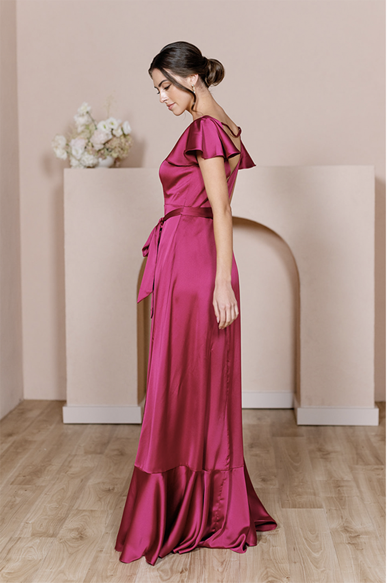 B4158 - V-Neck Cap Sleeves Satin A-Line Long Bridesmaid Dress With Slit