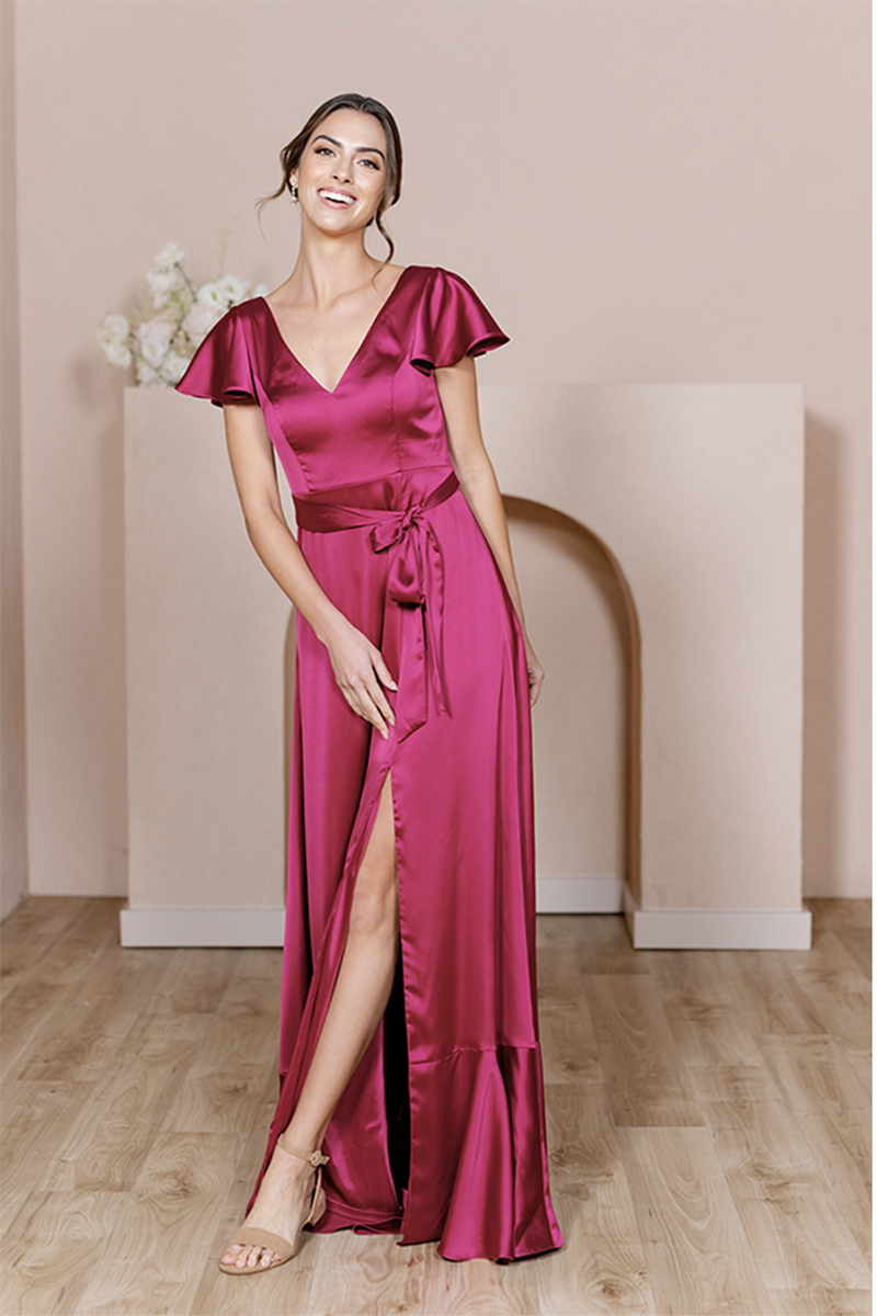 B4158 - V-Neck Cap Sleeves Satin A-Line Long Bridesmaid Dress With Slit