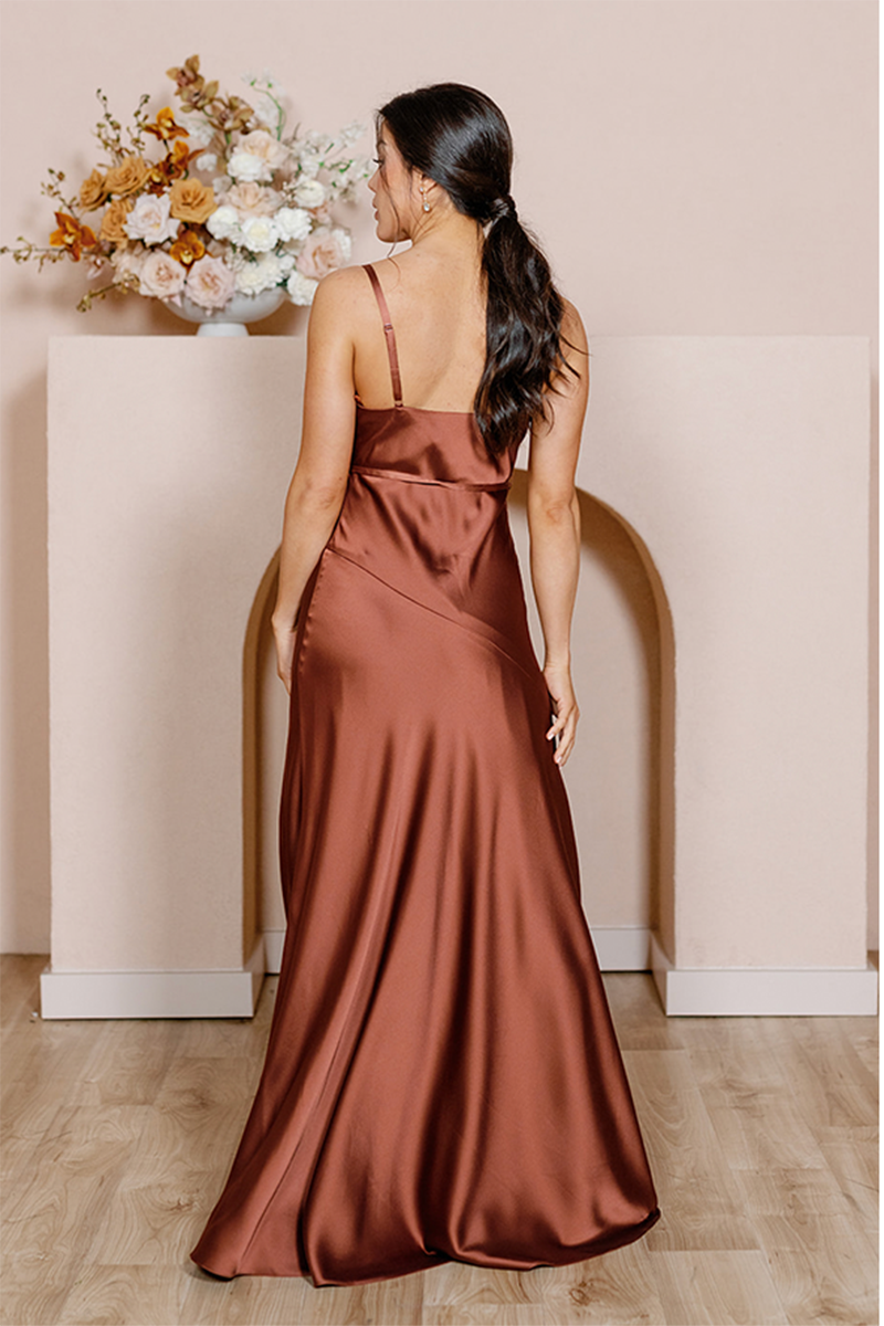 B4159 - V-Neck Spaghetti Straps Satin Sheath Long Bridesmaid Dress With Slit