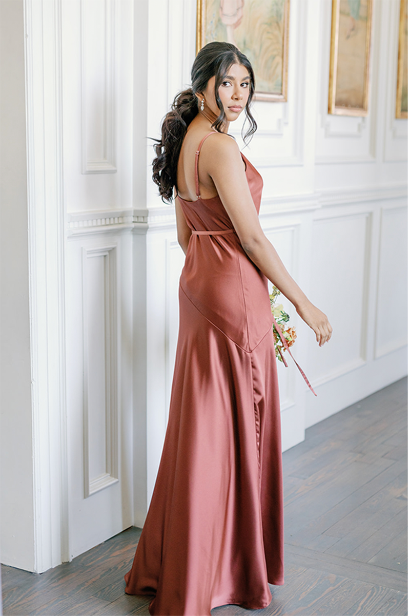 B4159 - V-Neck Spaghetti Straps Satin Sheath Long Bridesmaid Dress With Slit