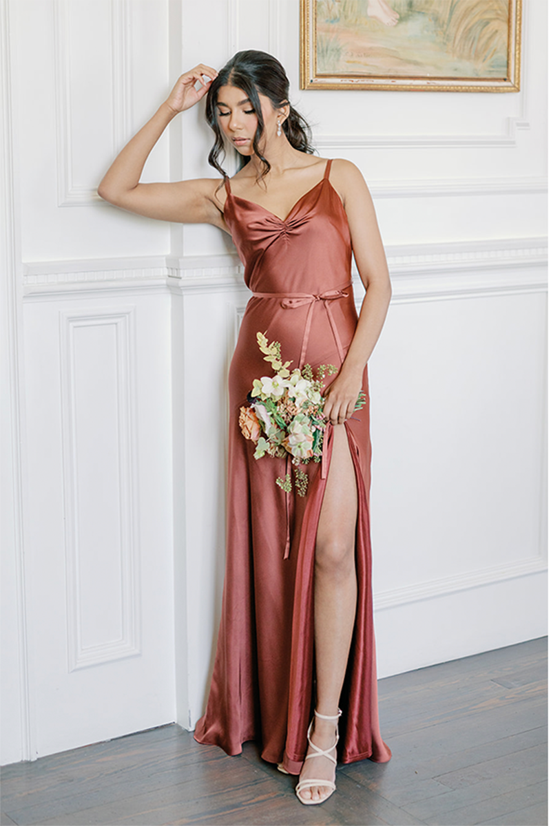 B4159 - V-Neck Spaghetti Straps Satin Sheath Long Bridesmaid Dress With Slit