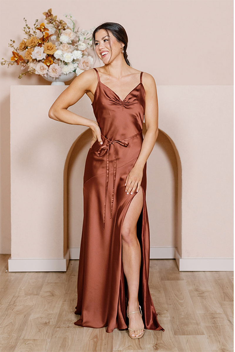 B4159 - V-Neck Spaghetti Straps Satin Sheath Long Bridesmaid Dress With Slit