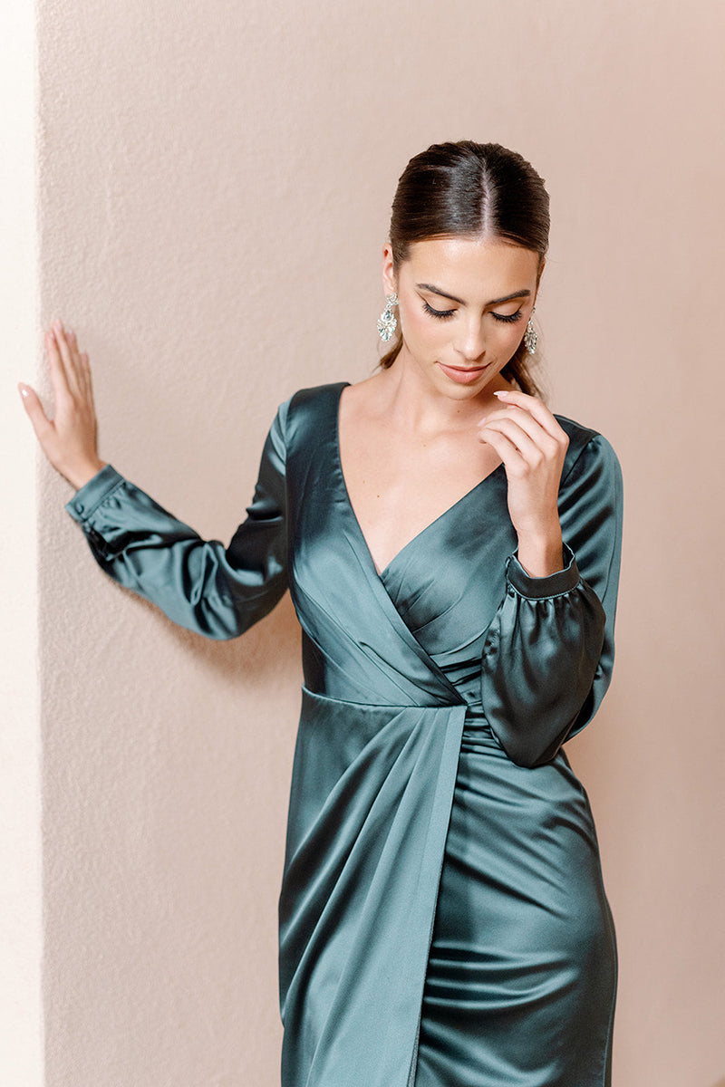 B4160 - V-Neck Long Sleeves Ruched Satin Sheath Bridesmaid Dress