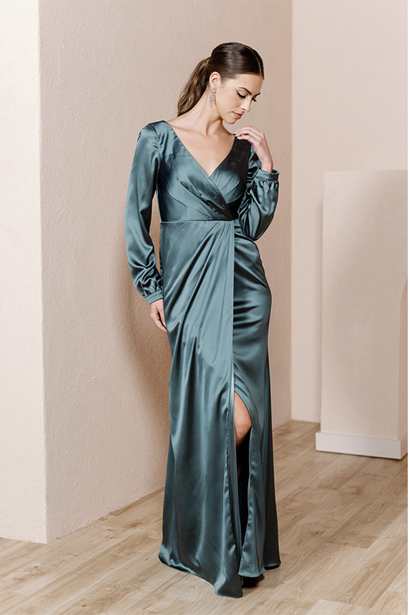 B4160 - V-Neck Long Sleeves Ruched Satin Sheath Bridesmaid Dress