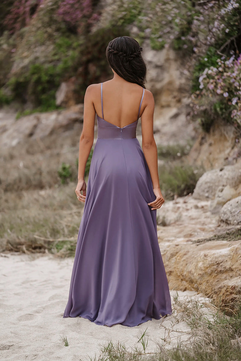 B4162 - Scoop Spaghetti Straps Sleeves Satin A-Line Long Bridesmaid Dress